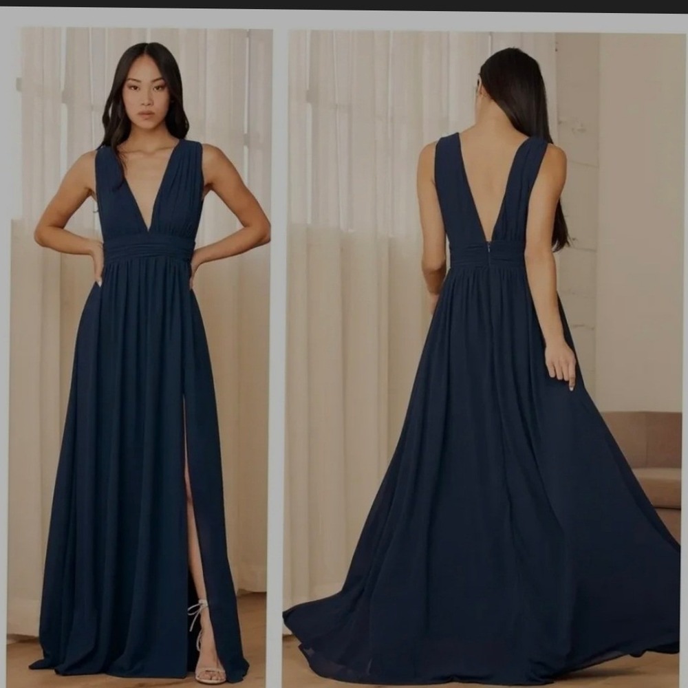 Lulus Heavenly Hues Navy Blue Maxi Dress V-Neck Georgette Gown Style 43449 M